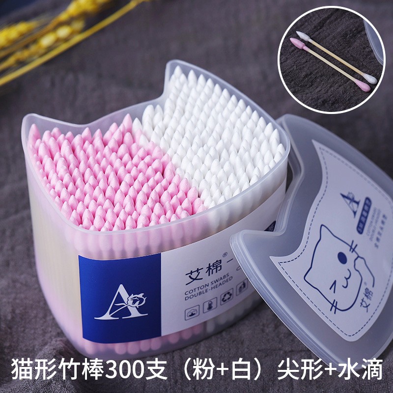 300支卡通猫盒组合竹棒棉签：化妆清洁的理想之选